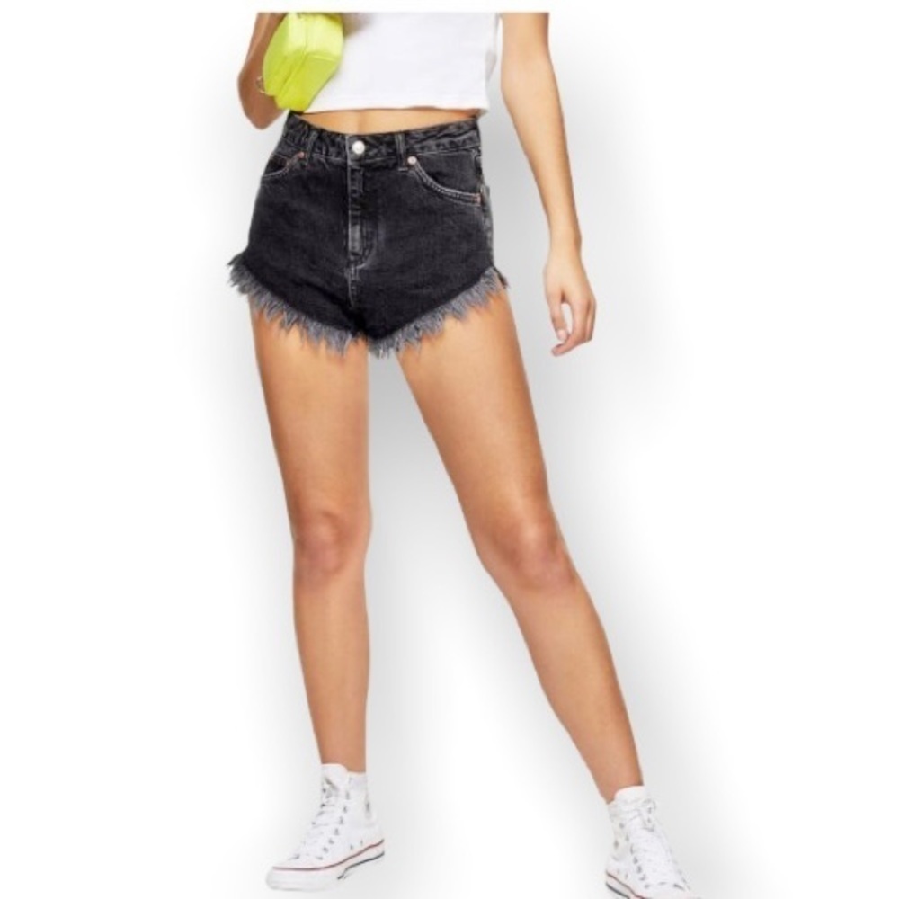 TOPSHOP Kiri Denim Shortie Shorts Cutoffs Black High 10.5” Rise 100% Cotton Sz 4